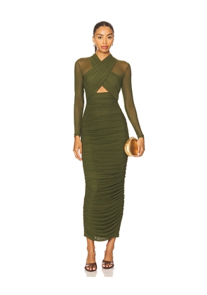 Bardot Aliyah Long Midi Dress in Olive. Size 2. Also in 4, 6.