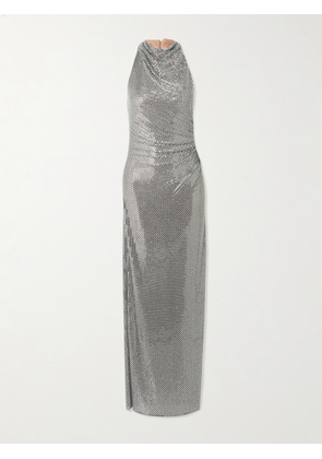 Self-Portrait - Embellished Draped Mesh Halterneck Maxi Dress - Gray - UK 4,UK 6,UK 8,UK 10,UK 12,UK 14