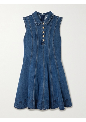 Self-Portrait - Paneled Broderie Anglaise Denim Mini Dress - Blue - UK 4,UK 6,UK 8,UK 10,UK 12,UK 14,UK 16