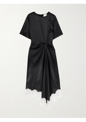 STAUD - Sonoma Asymmetric Gathered Lace-trimmed Silk-blend Satin Midi Dress - Black - US0,US2,US4,US6,US8,US10,US12