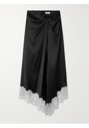STAUD - Sonoma Asymmetric Gathered Lace-trimmed Silk-blend Satin Midi Skirt - Black - US0,US2,US4,US6,US8,US10,US12,US14,US16