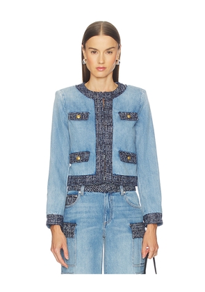 Alice + Olivia Landon Cropped Denim Jacket in Blue. Size M. Also in L, XL.