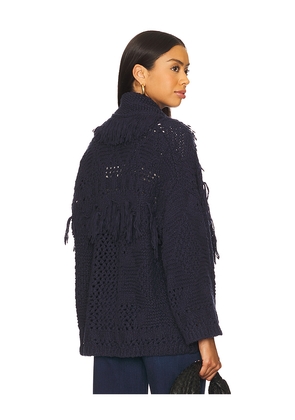 Autumn Cashmere Southwest Fringed Shawl Collar Throw Jacket in Navy. Size M. Also in S, L.