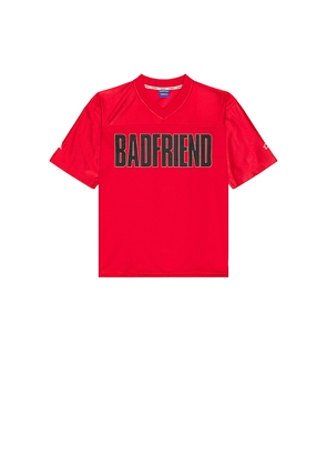 Badfriend Big Logo Football Jersey in Red. Size M. Also in S, L, XL/1X.