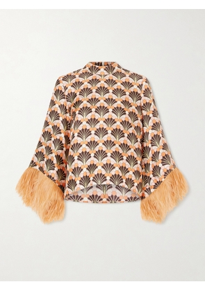 La DoubleJ - Make An Exit Feather-trimmed Printed Silk-twill Top - Orange - xx small,x small,small,medium,large,x large,xx large