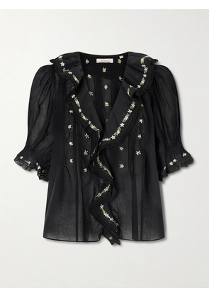 DÔEN - Hettie Lace-trimmed Embroidered Organic Cotton-voile Blouse - Black - xx small,x small,small,medium,large,x large,xx large