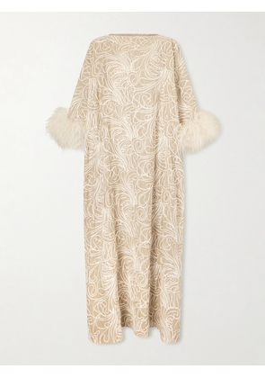 Dima Ayad - Feather-trimmed Embroidered Crepe Gown - Neutrals - XS/S,M/L