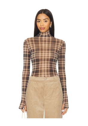 Enza Costa Plaid Mesh Long Sleeve Turtleneck Top in Navy. Size M. Also in L.