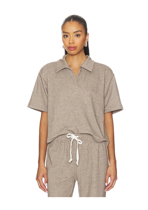 Bobi Short Sleeve Polo Tee in Taupe. Size L. Also in XS, S, M, XL.