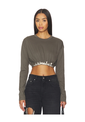 AREA Crystal Cluster Long Sleeve Cropped T-shirt in Grey. Size S. Also in XL, XS.