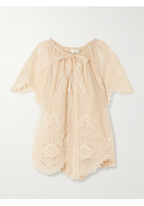 Zimmermann - Luna Scalloped Gathered Lace And Point D'esprit Blouse - Cream - 00,0,1,2,3,4