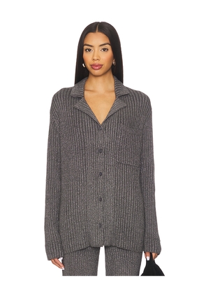 Barefoot Dreams CozyChic Ultra Lite Lurex Rib Button Front Shirt in Charcoal. Size M. Also in XS, S, XL.