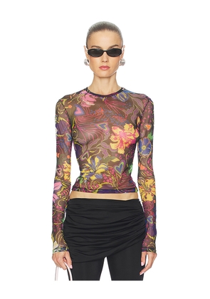 AREA Hotfix Printed Tulle Long Sleeve Top in Black. Size S. Also in L, M, XS.