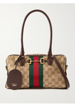 Gucci - Borsetto Medium Leather And Webbing-trimmed Canvas-jacquard Shoulder Bag - Neutrals - One size
