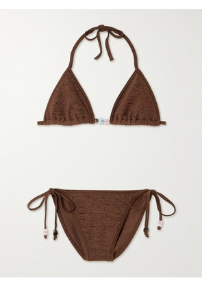 Hunza G - Gina Bead-embellished Original Crinkle™ Bikini - Brown - One size