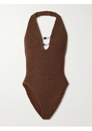 Hunza G - Adriana Bead-embellished Original Crinkle™ Swimsuit - Brown - One size