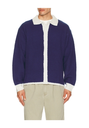 Bound Oxford Wool Button Up Knit Shirt in Blue. Size M. Also in S, L, XL/1X.