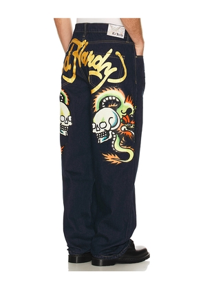 Ed Hardy Dragons Selvage Baggy Denim Pants in Blue. Size 34. Also in 30, 32, 36.