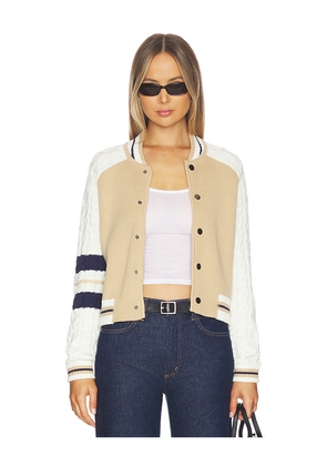 Central Park West Chloe Cable Sleeve Knit Bomber in Tan,White. Size L. Also in XS, M, XL.