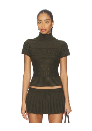 GUIZIO Cable Knit Turtleneck Top in Olive. Size L. Also in XL, XS.