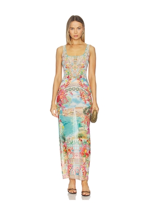 Camilla Square Neck Beach Maxi Dress With Low Back in Blue,Orange. Size M. Also in L, S, XS.