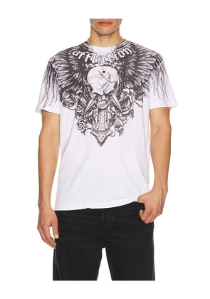 Affliction Crossed Over Tee in White. Size M. Also in L, XL/1X.