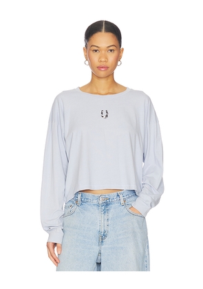 DAYDREAMER Cow Pattern Horseshoe Meet & Greet Long Sleeve Top in Baby Blue. Size M. Also in L, S, XL, XS.