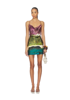 Donde Esteban La Sierra Silk Mini Dress in Purple,Green. Size M. Also in XS, S, L.