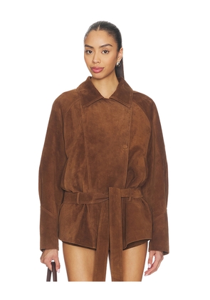 AEXAE Leather Suede Belted Jacket in Brown. Size L. Also in XS, S, M.