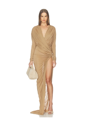 Atlein Draped Long Sleeves High Slit Dress in Tan. Size 36/2. Also in 34/0, 38/4.