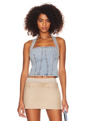 GRLFRND Tianna Halter Bustier in Denim-Light. Size XS. Also in XL, XXS.