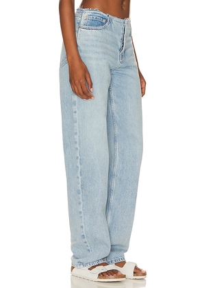 GRLFRND Jordan Low Rise Frayed Waist Boyfriend Jeans in Denim-Light. Size 24. Also in 30, 31, 32.