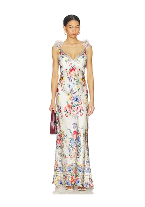 Camilla V Neck Bias Slip Dress With Back Frill in Ivory. Size L. Also in M, S, XS.