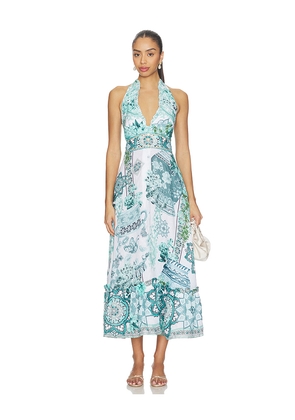 Camilla Ruffle Neck Halter Dress in Green. Size L. Also in M, S, XS.