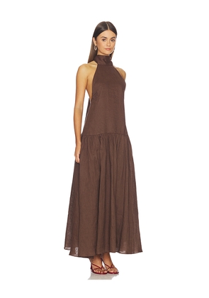 AEXAE Linen Halter Drop Waist Maxi Dress in Brown. Size M. Also in S, XL, XXS.
