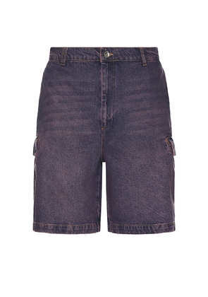 FLANEUR Denim Cargo Shorts in Purple. Size M. Also in L, XL/1X.