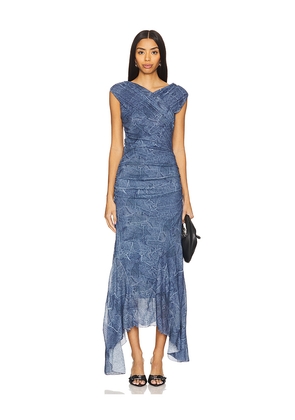 Ganni Marl Mesh Long Ruched Crossover Dress in Blue. Size 38. Also in 32, 42.
