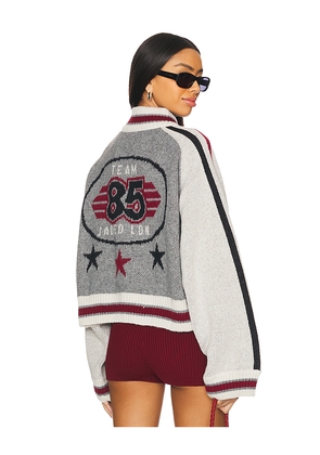 Jaded London Team 85 Knitted Bomber Jacket in Grey. Size M. Also in XS, S, L.