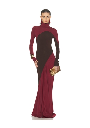 Helsa The Abstraction Color Blocked Jersey Dress in Burgundy,Chocolate. Size M. Also in XS, XXS, S.