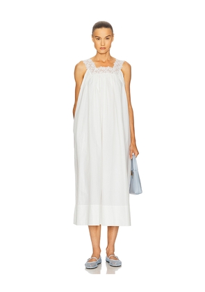 Helsa Midi Dress With Lace in Tech Poplin in White. Size M. Also in XS, S, L, XL.