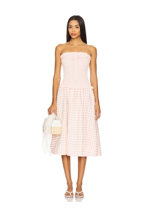 For Love & Lemons Petal Gingham Midi Dress in Peach. Size M. Also in XS, S, L.