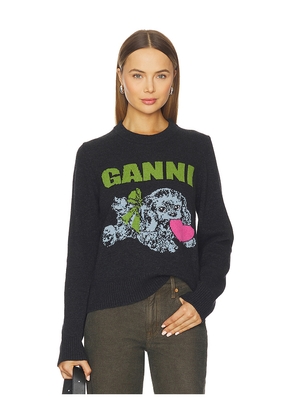Ganni Graphic Wool Mix Puppy Love Crewneck in Charcoal. Size M. Also in XS, S.