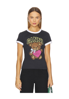 Ganni Basic Cotton Jersey Bear Fitted T-shirt in Charcoal. Size L. Also in XXS.