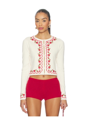 For Love & Lemons Rose Waltz Scalloped Knit Cardigan in Cream. Size L. Also in S, M, XL.