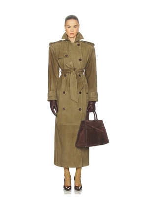Helsa Suede Trench Coat in Green. Size M. Also in XS, S, L, XL.