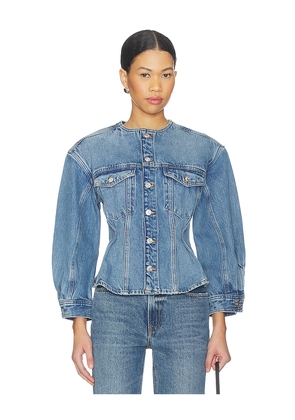 FRAME The Nipped Collarless Jacket in Blue. Size L. Also in M, S, XL, XS.