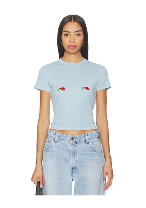HOMMEgirls X Fruit Of The Loom Baby Tee With Double Logo in Baby Blue. Size M. Also in L, S, XL, XS.
