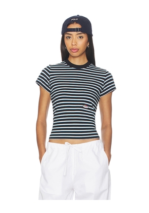 HOMMEgirls X Fruit Of The Loom Striped Baby Tee in Baby Blue With Printed Fruit Clusters in Black,Blue. Size M. Also in L, S, XL, XS.