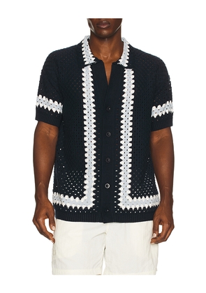 Frescobol Carioca Marques Crochet Cardigan Shirt in Navy. Size XL/1X. Also in L, XXL/2X.