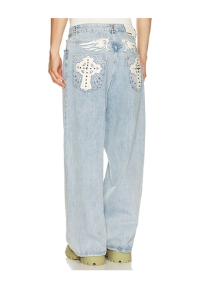 Jaded London Applique Cross XL Colossus Jeans in Blue. Size 30. Also in 28, 32, 34, 36.